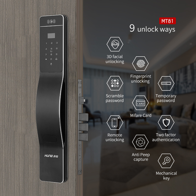HUNE Durable High Security Outdoor WiFi Fingerprint RFID ISO 3D Face Recognition Apartment Smart Door Lock Open API With Camera