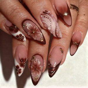 Ongles à presser personnalisés avec logo, vente en gros, faits à la main, marque privée, luxe, acrylique, design amande française, motif floral, nail art - Product Image 6