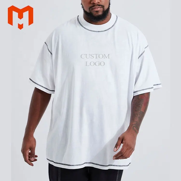 High Quality Embroidery Logo Thick Ribbed Neckline Drop Shoulder Mens Contrast Stitching T Shirt