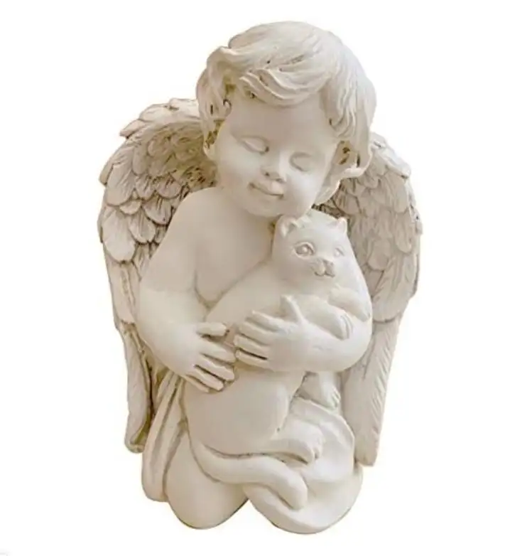 Asas de anjo segurando uma estátua de gato, fiel fiel memória de anjo gato memorial estatueta jardim estátua interior jardim casa ao ar livre