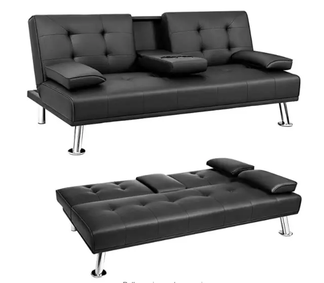 Faux Leather Couch Bed Modern Convertible Folding Recliner with 2 Cup Holders for Living Room (Black) Futon Sofa Bed