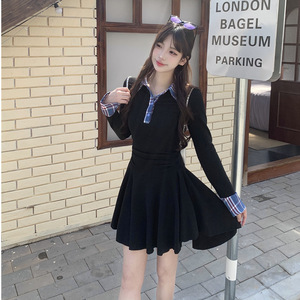 Plus Size Women's Dress Plaid Patchwork Polo Collar Long Sleeve Natural Waist Black Red Solid Color Contrast Daily Casual Dress - Product Image 1