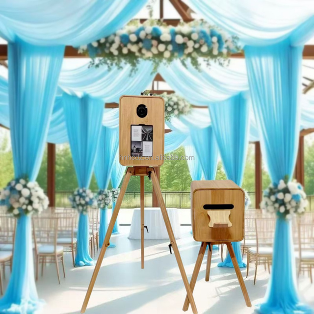 Portable Vintage Wooden Photo Booth Kiosk Foldable Stand Multi-Angle Built-in Mount for iPad SLR & Camera Self-Service Print