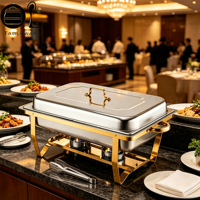 Plat de service rectangulaire Oulu 9L avec couvercle argenté et cadre doré, chauffe-plats pliable en acier inoxydable pour buffet, avec 1/2/3 bacs alimentaires