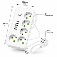 Prise d'extension sur mesure avec fiche UE, 3 prises, 4 ports USB-A + 1 port USB-C, adaptateur 220V/110V, câble de 2m, 10A, en cuivre/laiton, durable, PP/ABS