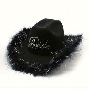 Chapeaux Fedora en feutre poly-coton en gros, en stock, blancs, pour mariage, fête, bordure en plumes brillantes, style pêcheur - Product Image 3