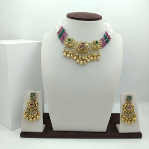 Traditional 925 Silver Multicolor <b>Beaded</b> Choker Necklace <b>Set</b> Red Green Stones Coin Drops and Matching Earrings Ethnic Jewelry - Product Image 3