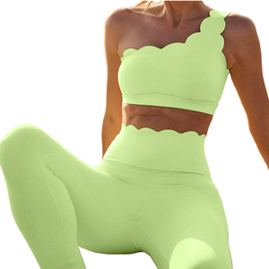 Ensemble de yoga 2 pièces pour femme, vert citron uni, respirant, grande taille, avec soutien-gorge de sport à bretelle unique et leggings taille haute à bord festonné - Product Image 1