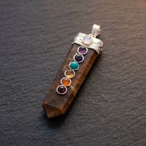 Handmade Tiger Eye Chakra Pendant With Seven Gemstone Inlays Reiki <b>Healing</b> Crystal Jewelry Silver Cap Pointed Shape - Product Image 2