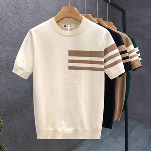 T-shirt tricoté à manches courtes pour homme, style décontracté d'été, rayé, coupe ajustée simple, idéal pour le dropshipping - Product Image 1
