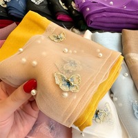 Nouveau Foulard Élégant Brodé Papillon, Châles pour Femme, Écharpe Unie Couleur Soie Brillante au Toucher, Étoles, Hijabs à Perles