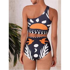 Maillot de bain 3 pièces personnalisé pour femme, ensemble bikini asymétrique à une épaule et taille haute avec pantalon de plage imprimé numérique extensible - Product Image 2