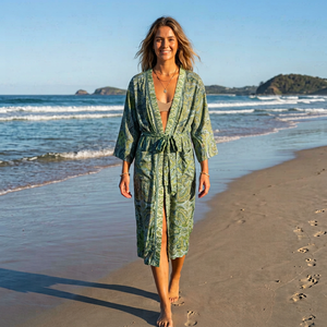 Green Paisley Print Wrap Dress Belt Maxi Three Quarter Sleeve V-Neck Vintage A-Line Beach Vacation Style <b>Silk</b> <b>Kimono</b> - Product Image 1