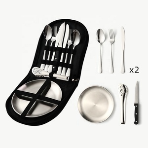 Peralatan piknik luar ruangan, peralatan makan emas kemasan tas portabel dengan sendok garpu pembuka pisau Steak - Product Image 2