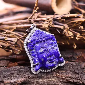 Baru datang batu permata biru Lapis Lazuli Buddha wajah perhiasan halus 925 perak murni liontin terukir religius CZ