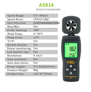 Anemómetro SMART SENSOR AS816, Instrumento de Medición de Velocidad del Viento, Anemómetro Digital Portátil - Product Image 3