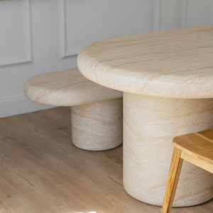 <span class=keywords><strong>Table</strong></span> à manger ovale allongée en travertin beige vert, style galet doux, avec double colonne solide, <span class=keywords><strong>table</strong></span> de dîner de luxe minimaliste pour la maison de rêve - Product Image 4