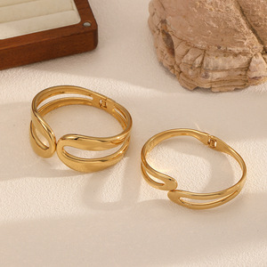 Geometric Stainless Steel Spring Open <b>Bangle</b> 18k Gold Plated Titanium Steel <b>Bracelet</b> For Women Wide Face Jewelry - Product Image 1