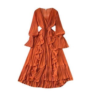 2024 vacaciones gasa Vestidos largos <span class=keywords><strong>Mujer</strong></span> hoja de loto encaje cuello en V temperamento plisado cintura volantes vestido Casual para <span class=keywords><strong>mujer</strong></span> - Product Image 5