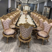 Ensemble table et chaises de salle à manger en bois massif noir doré de style baroque européen, table de banquet longue en bois massif pour 8 personnes