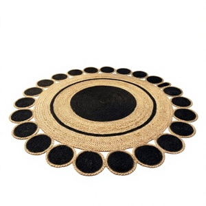 Bohemian Jute <b>Round</b> Area Rug Geometric Pattern Scalloped Edge Handcrafted Natural Black Living Room Floor <b>Mat</b> Made in BD - Product Image 2