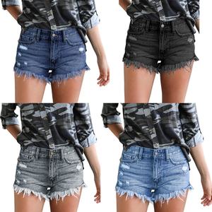 Shorts en jean pour femmes, tendance, déchirés, à franges, haute élasticité, couleur unie, fermeture éclair à la taille, super - Product Image 5