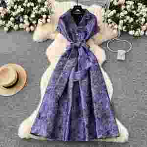 Vestido Midi Casual de Verano 2025 Tallas Grandes, Tejido Sostenible, Transpirable, Lavable, Manga Corta, Cuello Camisero con Relieve, Cintura Imperio - Product Image 2