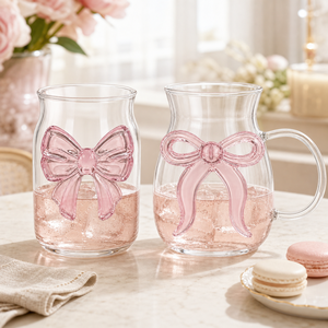 Gelas Dessert Kaca Borosilikat Tinggi 15oz 16oz yang Lucu dengan Tumbler Pita Pink 3D dan Mug Kopi Dingin Berpegangan untuk Hadiah Rumah Tangga - Product Image 1