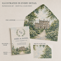 Invitation de mariage illustrée sur mesure en aquarelle, carte de mariage avec croquis du lieu et doublure d'enveloppe imprimée assortie