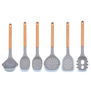 Ustensiles de cuisine en silicone avec manche en bois de hêtre de qualité supérieure, 6 pièces, anti-rayures, de qualité alimentaire, écologiques, compatibles lave-vaisselle, ensemble d'accessoires de cuisine - Product Image 1