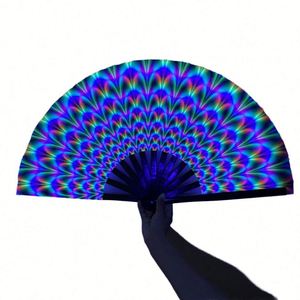 Grand éventail pliant de 33 cm, peint, style chinois et japonais, pour la danse, les festivals de musique et les raves, avec effet dégradé réfléchissant, en bambou, classique - Product Image 4