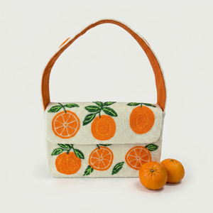 Sac à main perlé orange avec motif agrumes, perles de verre de forme rectangulaire, accessoire de mode pour femme - Product Image 1
