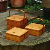 Panier de pique-nique en bambou naturel tressé à la main, style chinois, avec couvercle et poignée, écologique, pour mariage, organisation de collations, organisation domestique, portable