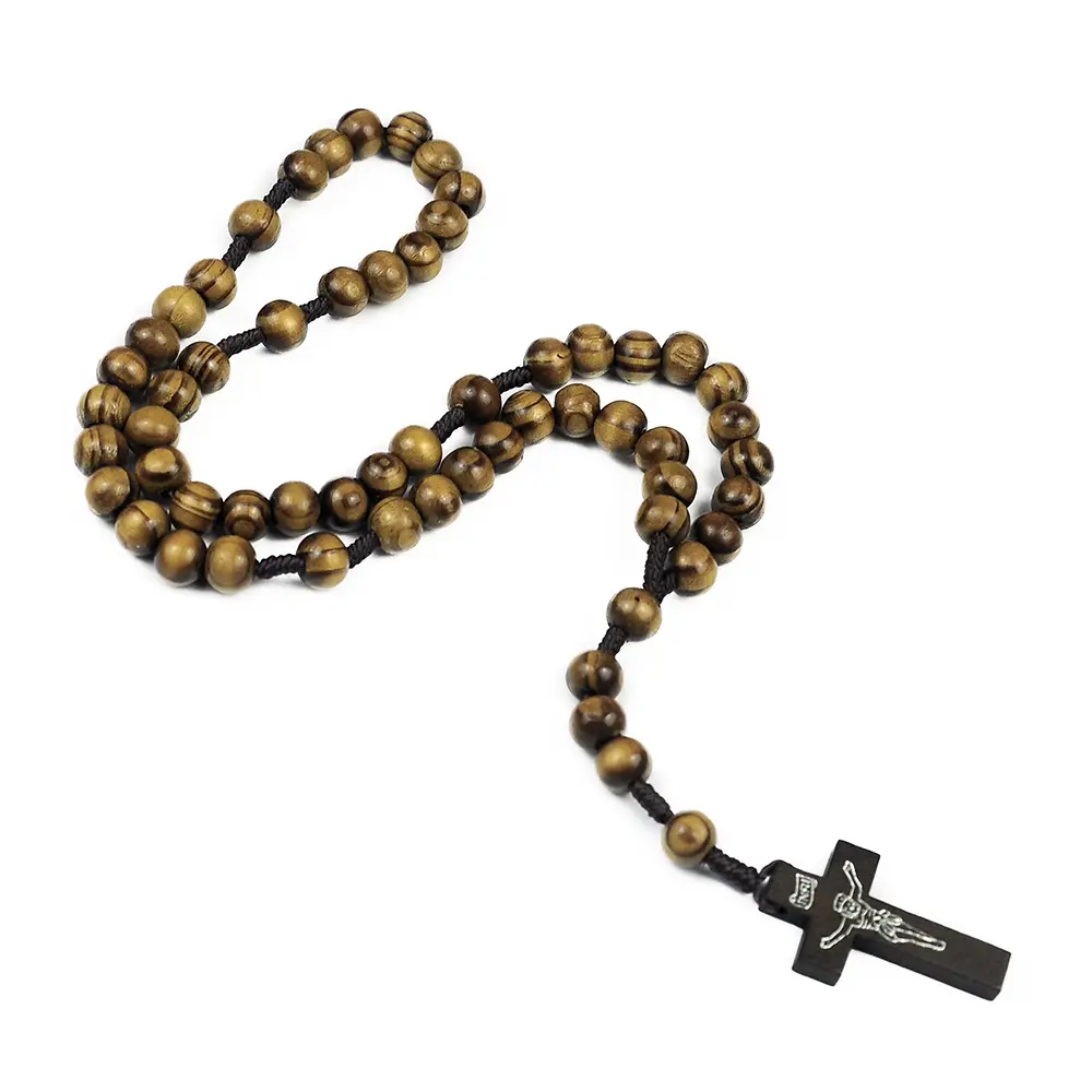 JC commercio all'ingrosso di legno naturale croce rotoli viaggio 10mm marrone scuro campana collana preghiera gioielli di perle cristianesimo