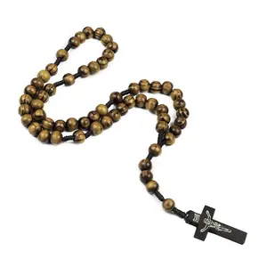 JC vente en gros de rouleaux de croix en bois naturel voyage 10mm collier cloche marron foncé bijoux de perles de prière christianisme