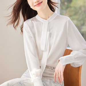 Women's Ribbon Shirt Top Long Sleeve <b>White</b> Chiffon Work Blouse Spring Autumn Professional Formal Wear - Product Image 1