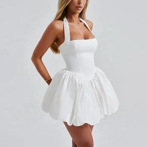 Prenses tatlı parti kadınlar zarif katı seksi kolsuz gömme yama çalışması Backless kabarcık Hem yüksek bel Halter evaze elbise - Product Image 1