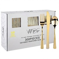 Ensemble de 300 couverts jetables en plastique doré très résistants, comprenant 100 fourchettes, 100 cuillères et 100 couteaux, pour fêtes, baby showers et mariages