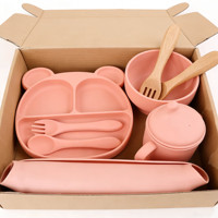 Juego de alimentación para bebés de silicona de grado alimenticio, libre de BPA, plato con ventosa, tazón, cuchara, tenedor y babero no tóxicos para niños pequeños