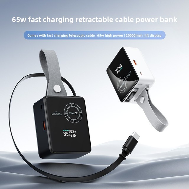 65W PD Fast Charging Multi-Port Power Bank 20000mAh with Retractable Type-C Cable TFT Display for Laptop Phone Tablet