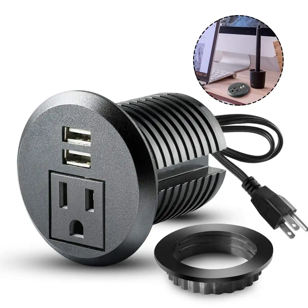 Desktop Power Grommet,2inch Hole Table Power Grommet Outlet with 2 USB Charging Ports,6.5ft Extension Cord Desk Power Strip