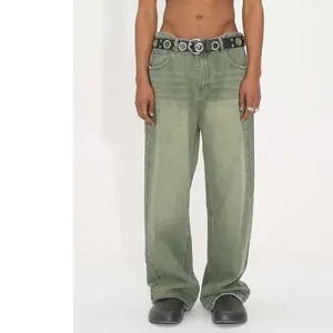 Pantalones vaqueros rectos de pierna ancha personalizados para hombre, pantalones vaqueros rectos holgados de corte gris y verde, pantalones vaqueros apilados