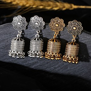 Vintage Etnico Intagliato Gypsy Gold Argento Ruota di Preghiera Campana Indiano Jhumka Orecchini Per Le Donne Boho Gioielli Tibetano Orecchini - Product Image 1