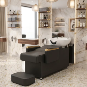 Moderna Cama de Lavado de Cabello Semi-Reclinable para Salón de Belleza, con Lavabo de Cerámica Personalizado y Base Metálica para Barbería - Product Image 1