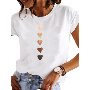 T-shirt blanc décontracté d'été pour femme en polyester écologique imprimé cœur, col rond, manches courtes, respirant, avec logo décoratif - Product Image 4