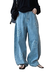 Nouveau <span class=keywords><strong>jean</strong></span> coréen élégant taille haute avec broderie florale, pantalon long ample à jambes larges pour femme - Product Image 3