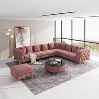 Conjunto de sofá Chesterfield en forma de L gris tradicional de lujo al por mayor, muebles para sala de estar, sofá esquinero de terciopelo con patas doradas