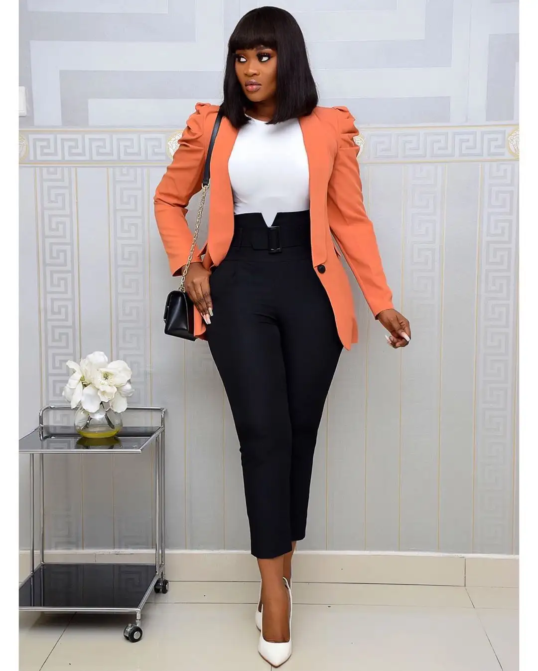 2022 Fashion Ladies Oversize Business Blazer Suit Custom Office Solid Color Polyester Casual Short Orange Woman Blazers Set