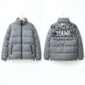 Mens Puffer Jacket 240 GSM Melange Polyester Fabric Grey Winter <b>Coat</b> Custom Embroidery Screen Print DTF <b>Heat</b> Transfer Woven Labe - Product Image 1
