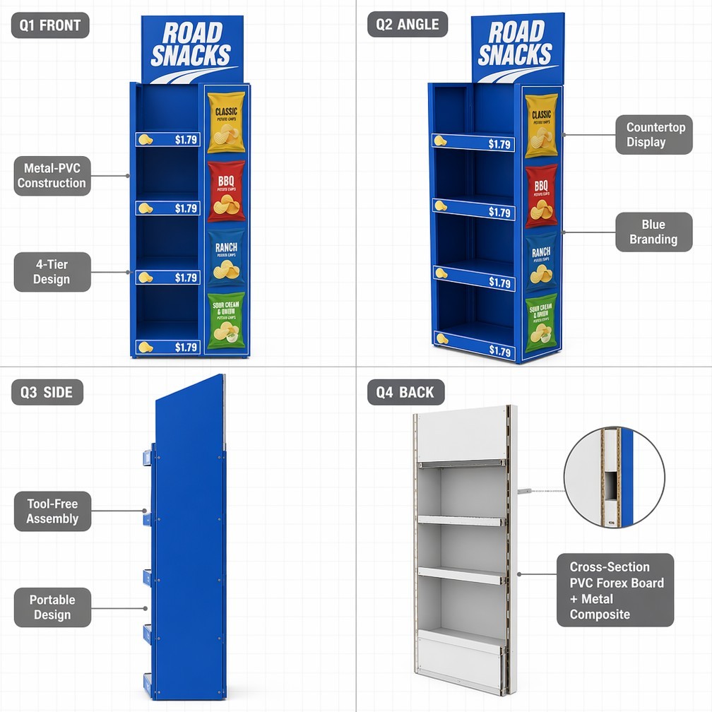 Apache Custom Chip Display Rack 4-Way 4-Tier Metal Snack Merchandiser Knock Down Rotating Stand for Gas Station OEM ODM — view 3